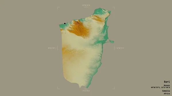索马里地区巴里的一个地区 在一个地理参照框的坚实背景下被隔离 地形浮雕图 3D渲染 — 图库照片