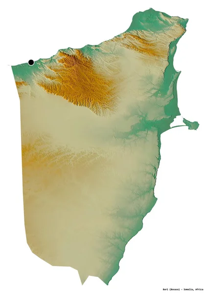 ソマリアの地域であるバーリの形で 首都は白い背景に孤立しています 地形図 3Dレンダリング — ストック写真