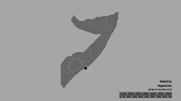 主要な地域部門と分離したベイエリアとソマリアの荒廃した形 ラベル 標高マップ 3Dレンダリング — ストック写真