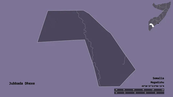 ソマリア地方のジュバダ デクスの形で その首都はしっかりとした背景に隔離されています 距離スケール リージョンプレビュー およびラベル 色の標高マップ 3Dレンダリング — ストック写真