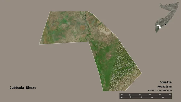 索马里地区Jubbada Dhexe的形状 其首都在坚实的背景下与世隔绝 距离尺度 区域预览和标签 卫星图像 3D渲染 — 图库照片