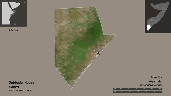 索马里地区Jubbada Hoose的形状及其首都 距离刻度 预览和标签 卫星图像 3D渲染 — 图库照片