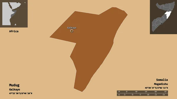 ムダグの形 ソマリアの地域 およびその首都 距離スケール プレビューおよびラベル パターン化されたテクスチャの構成 3Dレンダリング — ストック写真