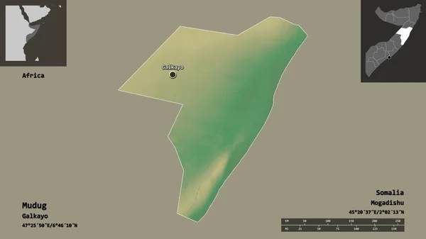 索马里地区穆杜格的形状及其首都 距离刻度 预览和标签 地形浮雕图 3D渲染 — 图库照片