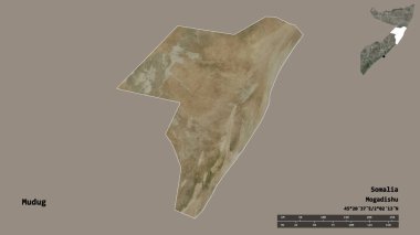 Somali bölgesindeki Mudig 'in başkenti sağlam bir zemin üzerinde izole edilmiştir. Uzaklık ölçeği, bölge önizlemesi ve etiketleri. Uydu görüntüleri. 3B görüntüleme