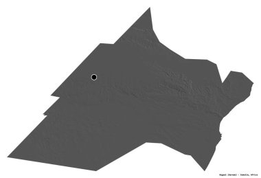 Nugaal 'ın şekli, Somali bölgesi, başkenti beyaz arka planda izole edilmiş. Çift seviyeli yükseklik haritası. 3B görüntüleme