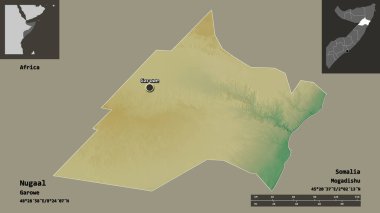 Nugaal 'ın şekli, Somali bölgesi ve başkenti. Uzaklık ölçeği, ön gösterimler ve etiketler. Topografik yardım haritası. 3B görüntüleme