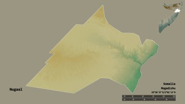 Nugaal 'ın şekli, Somali bölgesi, başkenti katı bir zemin üzerinde izole edilmiş. Uzaklık ölçeği, bölge önizlemesi ve etiketleri. Topografik yardım haritası. 3B görüntüleme