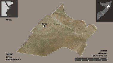 Nugaal 'ın şekli, Somali bölgesi ve başkenti. Uzaklık ölçeği, ön gösterimler ve etiketler. Uydu görüntüleri. 3B görüntüleme