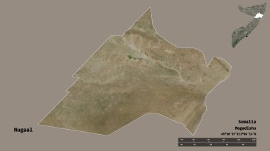 Nugaal 'ın şekli, Somali bölgesi, başkenti katı bir zemin üzerinde izole edilmiş. Uzaklık ölçeği, bölge önizlemesi ve etiketleri. Uydu görüntüleri. 3B görüntüleme