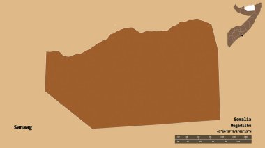 Somali Bölgesi 'nin başkenti sağlam bir zemine sahip olan Sanaag' nın şekli. Uzaklık ölçeği, bölge önizlemesi ve etiketleri. Desenli dokuların bileşimi. 3B görüntüleme
