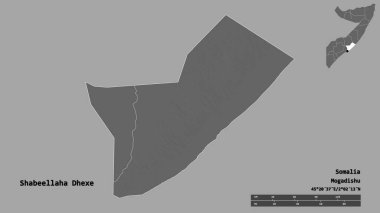 Somali bölgesinin başkenti Shabeellaha Dhexe 'nin katı arka planda izole edilmiş hali. Uzaklık ölçeği, bölge önizlemesi ve etiketleri. Çift seviyeli yükseklik haritası. 3B görüntüleme