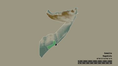 Başkenti, ana bölgesel bölümü ve ayrılmış Shabeellaha Hoose bölgesi ile Somali 'nin dejenere bir şekli. Etiketler. Topografik yardım haritası. 3B görüntüleme