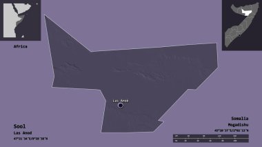 Sool 'un şekli, Somali bölgesi ve başkenti. Uzaklık ölçeği, ön gösterimler ve etiketler. Renkli yükseklik haritası. 3B görüntüleme