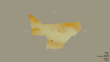 Sool bölgesi, Somali bölgesi, katı bir arka planda izole edilmiş bir sınır kutusunda. Etiketler. Topografik yardım haritası. 3B görüntüleme