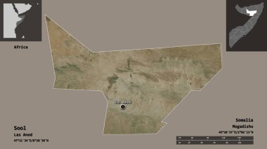 Sool 'un şekli, Somali bölgesi ve başkenti. Uzaklık ölçeği, ön gösterimler ve etiketler. Uydu görüntüleri. 3B görüntüleme