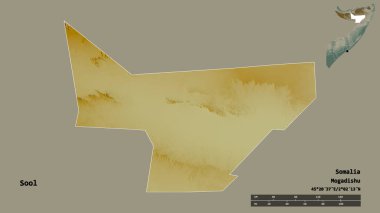 Somali 'nin Sool bölgesi, başkenti sağlam bir zemin üzerinde izole edilmiş. Uzaklık ölçeği, bölge önizlemesi ve etiketleri. Topografik yardım haritası. 3B görüntüleme
