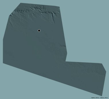 Togdheer 'in şekli, Somali bölgesi, başkenti katı renk arkaplanı ile izole edilmiş. Renkli yükseklik haritası. 3B görüntüleme