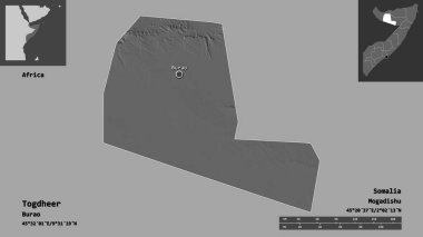 Togdheer 'in şekli, Somali bölgesi ve başkenti. Uzaklık ölçeği, ön gösterimler ve etiketler. Çift seviyeli yükseklik haritası. 3B görüntüleme