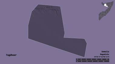 Togdheer 'in şekli, Somali bölgesi, başkenti sağlam arka planda izole edilmiş. Uzaklık ölçeği, bölge önizlemesi ve etiketleri. Renkli yükseklik haritası. 3B görüntüleme