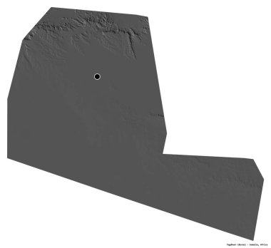 Togdheer 'in şekli, Somali bölgesi, başkenti beyaz arka planda izole edilmiş. Çift seviyeli yükseklik haritası. 3B görüntüleme