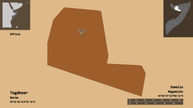 Togdheer 'in şekli, Somali bölgesi ve başkenti. Uzaklık ölçeği, ön gösterimler ve etiketler. Desenli dokuların bileşimi. 3B görüntüleme