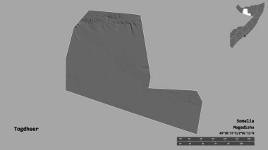 Togdheer 'in şekli, Somali bölgesi, başkenti sağlam arka planda izole edilmiş. Uzaklık ölçeği, bölge önizlemesi ve etiketleri. Çift seviyeli yükseklik haritası. 3B görüntüleme