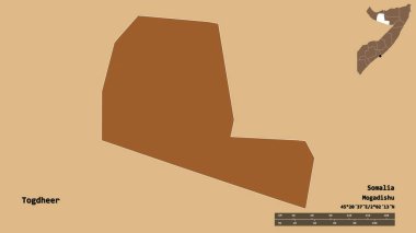 Togdheer 'in şekli, Somali bölgesi, başkenti sağlam arka planda izole edilmiş. Uzaklık ölçeği, bölge önizlemesi ve etiketleri. Desenli dokuların bileşimi. 3B görüntüleme