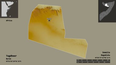 Togdheer 'in şekli, Somali bölgesi ve başkenti. Uzaklık ölçeği, ön gösterimler ve etiketler. Topografik yardım haritası. 3B görüntüleme