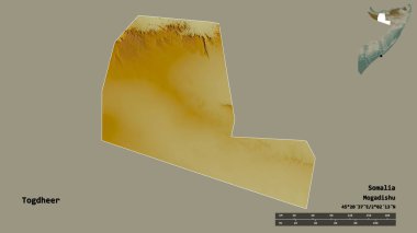 Togdheer 'in şekli, Somali bölgesi, başkenti sağlam arka planda izole edilmiş. Uzaklık ölçeği, bölge önizlemesi ve etiketleri. Topografik yardım haritası. 3B görüntüleme