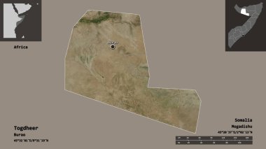Togdheer 'in şekli, Somali bölgesi ve başkenti. Uzaklık ölçeği, ön gösterimler ve etiketler. Uydu görüntüleri. 3B görüntüleme