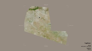 Togdheer bölgesi, Somali bölgesi, katı bir arka planda izole edilmiş bir sınır kutusunda. Etiketler. Uydu görüntüleri. 3B görüntüleme