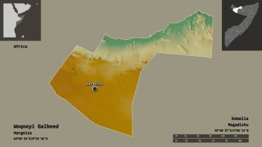 Woqooyi Galbeed, Somali bölgesi ve başkenti. Uzaklık ölçeği, ön gösterimler ve etiketler. Topografik yardım haritası. 3B görüntüleme
