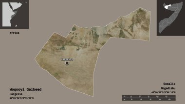 Woqooyi Galbeed, Somali bölgesi ve başkenti. Uzaklık ölçeği, ön gösterimler ve etiketler. Uydu görüntüleri. 3B görüntüleme