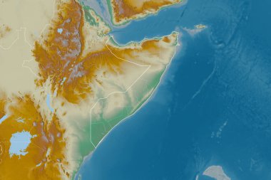 Extended area of Somalia with country outline, international and regional borders. Topographic relief map. 3D rendering clipart