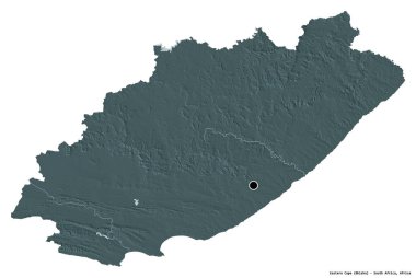 Doğu Burnu 'nun şekli, Güney Afrika eyaleti, başkenti beyaz arka planda izole edilmiştir. Renkli yükseklik haritası. 3B görüntüleme