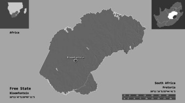 Özgür Devletin şekli, Güney Afrika eyaleti ve başkenti. Uzaklık ölçeği, ön gösterimler ve etiketler. Çift seviyeli yükseklik haritası. 3B görüntüleme