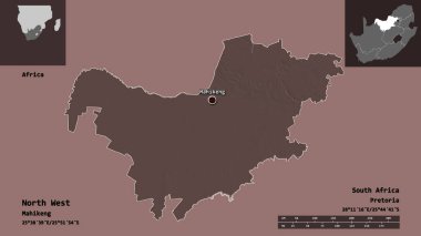Kuzey Batı 'nın şekli, Güney Afrika eyaleti ve başkenti. Uzaklık ölçeği, ön gösterimler ve etiketler. Renkli yükseklik haritası. 3B görüntüleme