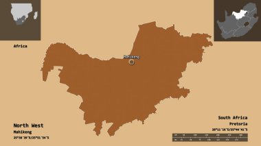 Kuzey Batı 'nın şekli, Güney Afrika eyaleti ve başkenti. Uzaklık ölçeği, ön gösterimler ve etiketler. Desenli dokuların bileşimi. 3B görüntüleme