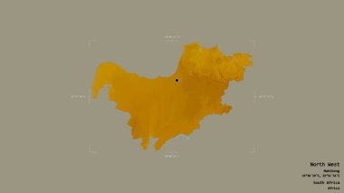 Kuzey Batı bölgesi, Güney Afrika vilayeti, jeoreferatlı bir sınır kutusunda sağlam bir arka planda izole edilmiş. Etiketler. Topografik yardım haritası. 3B görüntüleme