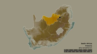 Başkenti, ana bölgesel bölünmesi ve bölünmüş Kuzey Batı bölgesi ile Güney Afrika 'nın dejenere edilmiş şekli. Etiketler. Topografik yardım haritası. 3B görüntüleme