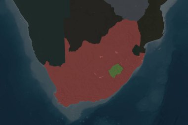 Güney Afrika 'nın şekli komşu bölgelerin dedoygunluğuyla ayrılır. Renkli yükseklik haritası. 3B görüntüleme