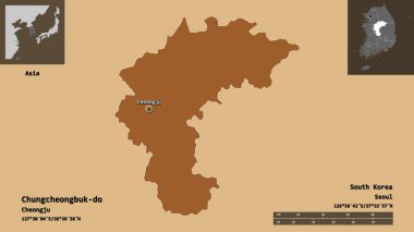 Chungcheongbuk-do, Güney Kore ve başkenti. Uzaklık ölçeği, ön gösterimler ve etiketler. Desenli dokuların bileşimi. 3B görüntüleme