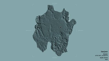 Daejeon bölgesi, büyük şehir Güney Kore, katı bir arka planda izole edilmiş bir sınır kutusunda. Etiketler. Renkli yükseklik haritası. 3B görüntüleme