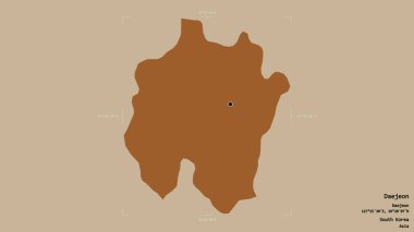 Daejeon bölgesi, büyük şehir Güney Kore, katı bir arka planda izole edilmiş bir sınır kutusunda. Etiketler. Desenli dokuların bileşimi. 3B görüntüleme