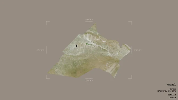 ソマリアの領域であるヌガルの領域は 洗練された境界ボックス内の強固な背景に隔離されています ラベル 衛星画像 3Dレンダリング — ストック写真