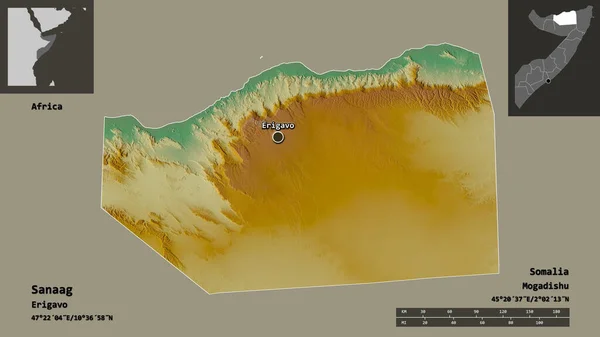 Форма Санааґ Сомалі Столиці Масштаб Відстаней Превью Етикетки Карта Рельєфу — стокове фото