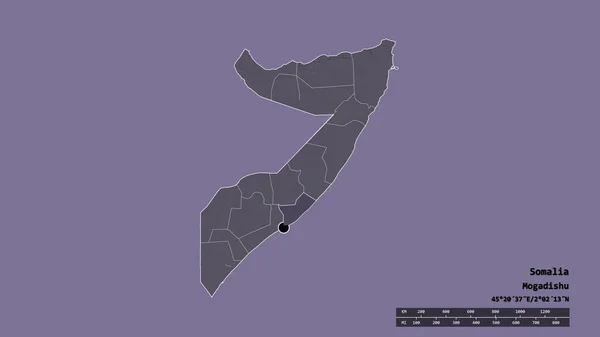 主要な地域部門と分離されたシャベラDhexeエリアとソマリアの荒廃した形 ラベル 色の標高マップ 3Dレンダリング — ストック写真