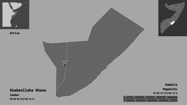 Shape Shabeellaha Dhexe Region Somalia Its Capital Distance Scale Previews — Stock Photo, Image