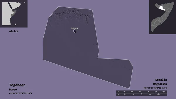一緒に ソマリアの地域とその首都の形状 距離スケール プレビューおよびラベル 色の標高マップ 3Dレンダリング — ストック写真